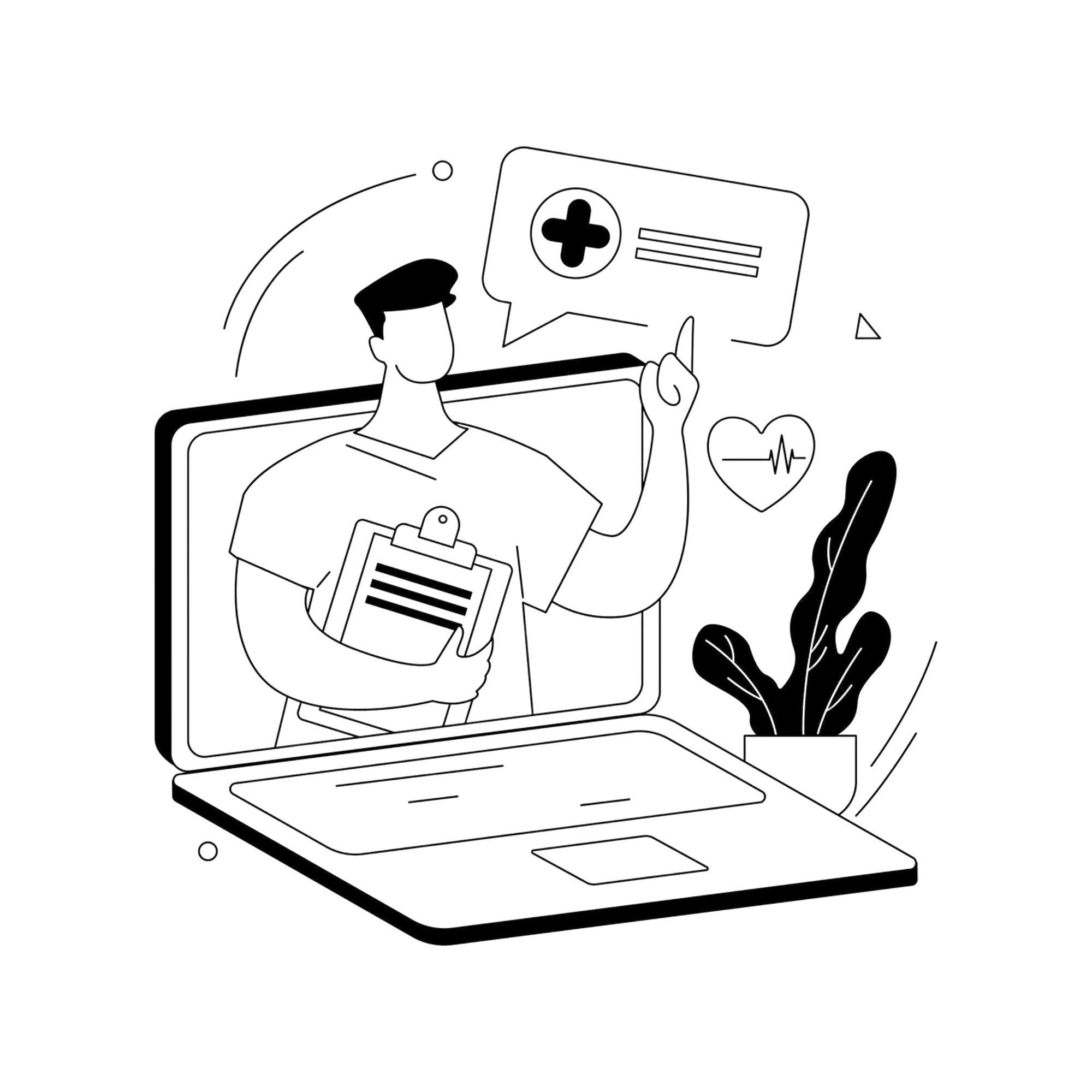 Das Bild zeigt einen Betriebsarzt, der optisch aus einem Laptop rausragt zur Arbeitsmedizinischen Vorsorge. Der Arzt hält ein Klemmbrett in der einen Hand und zeigt auf eine Sprechblase mit einem Deutschen roten Kreuz darin.