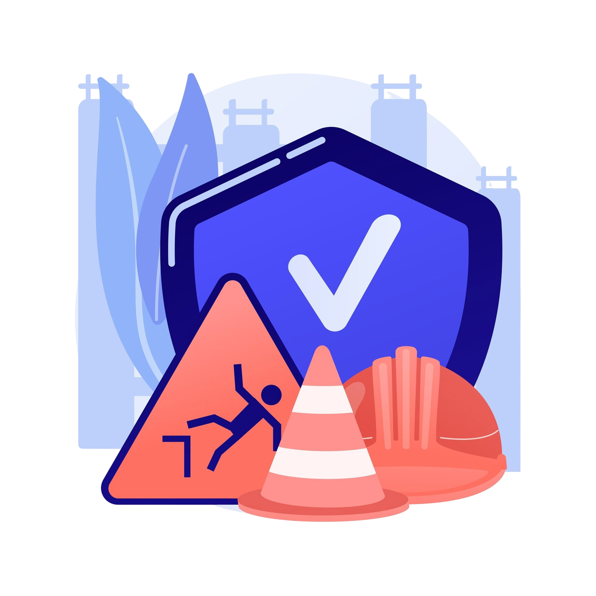 Das Bild zeigt ein blaues Schutzschild mit einem Haken darin. Davor sind ein Warnzeichen und ein Schutzhelm zu sehen.