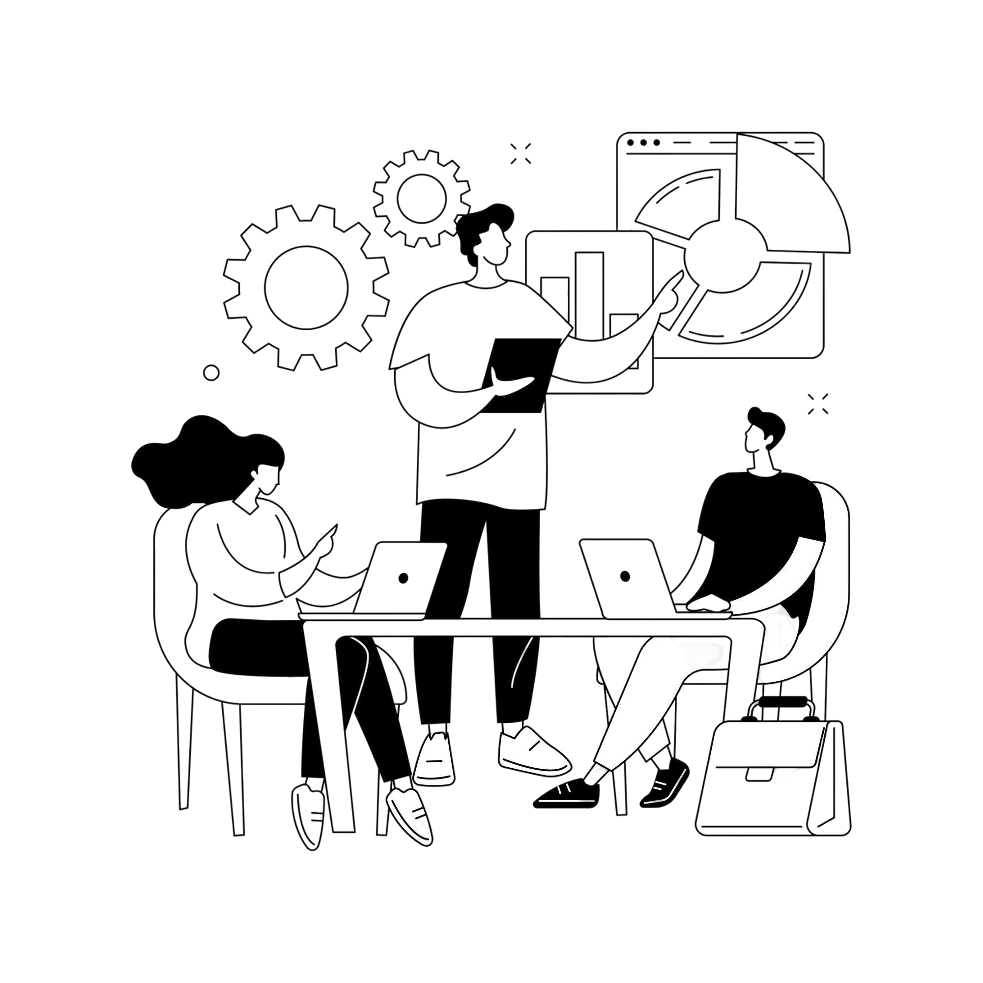 Das Bild zeigt die Technische Regeln für Arbeitsstaetten mit drei Personen. Die stehende Person zeigt auf ein Diagramm und hält eine Mappe in der Hand, dahinter befinden sich Zahnräder. Die beiden anderen Personen sitzen an einem Tisch davor und haben einen Laptop vor sich.