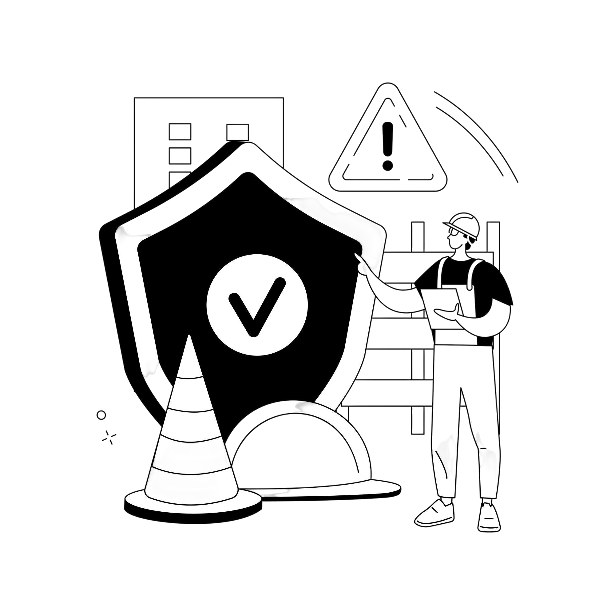 Das Bild zeigt eine Fachkraft für Arbeitssicherheit vor einem großen Schutzschild, davor ein Kegel und ein Schutzhelm.