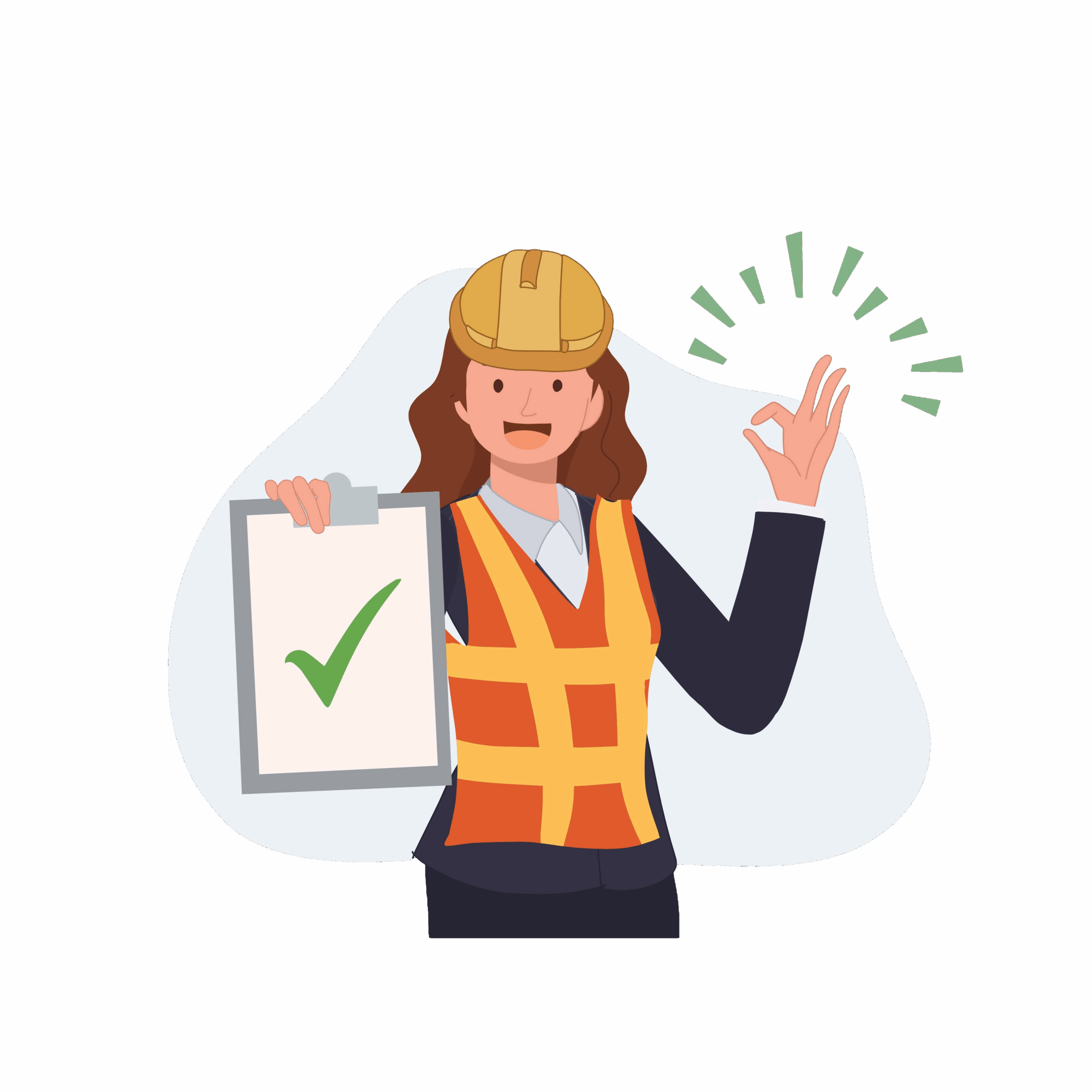 Das Bild zeigt einen Sicherheitsbeauftragten mit einem Klemmbrett in der Hand, einer Warnweste und einem Schutzhelm.