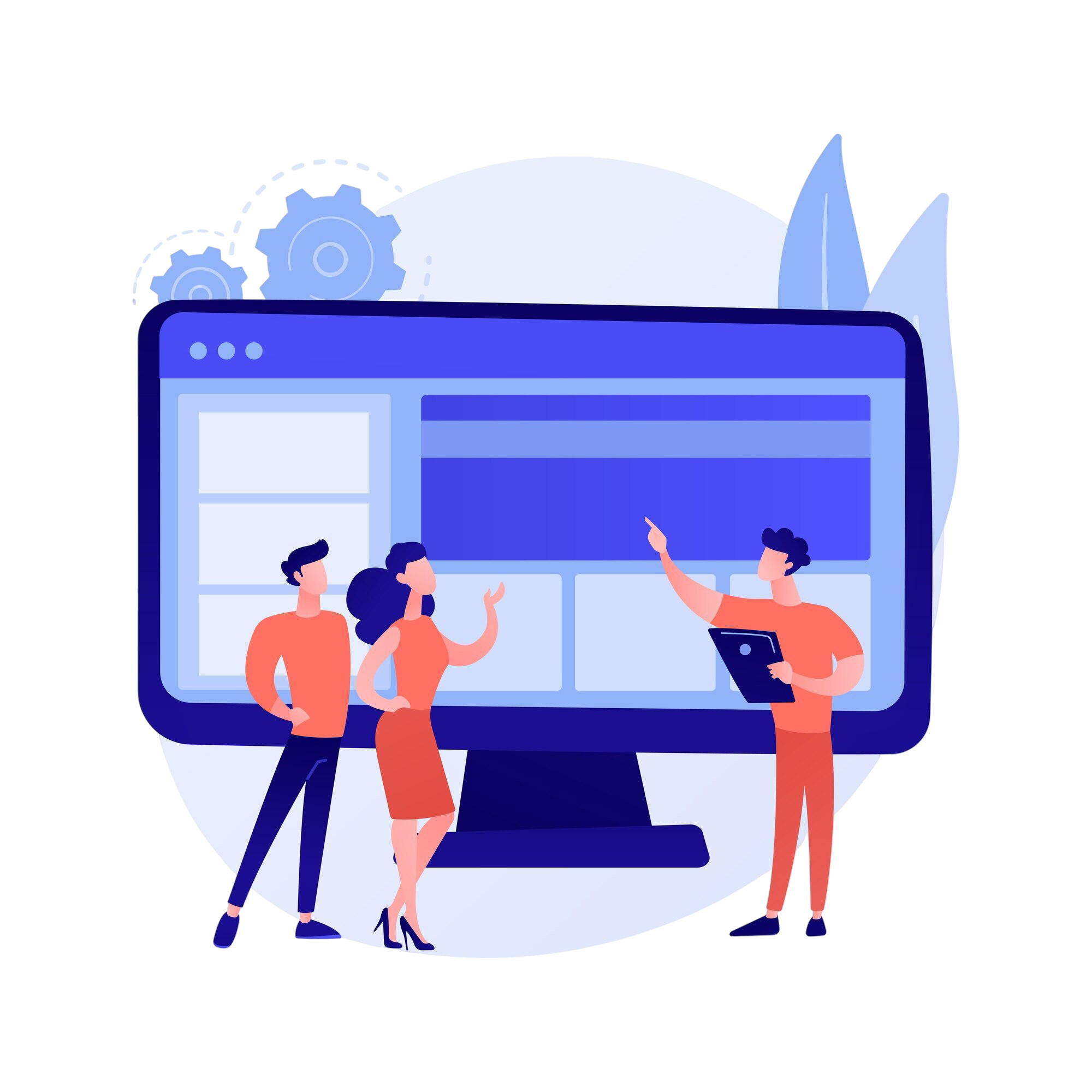 Das Bild zeigt die Bildschirmarbeit mit drei Personen vor einem übergoßen Bildschirm.