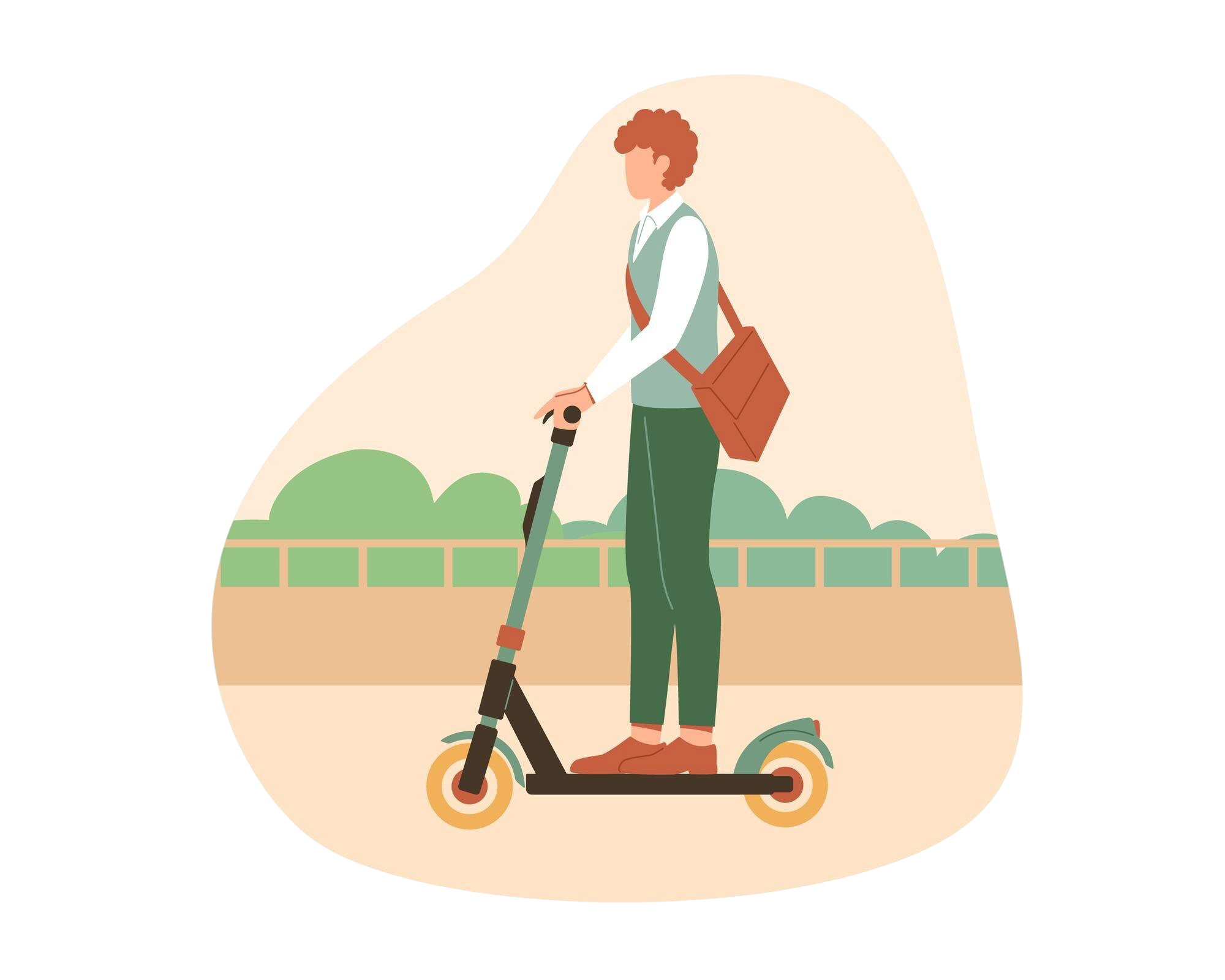 Das Bild zeigt eine Person auf einem E-Scooter auf dem Weg zur Arbeit, umgehängt eine Arbeitstasche.