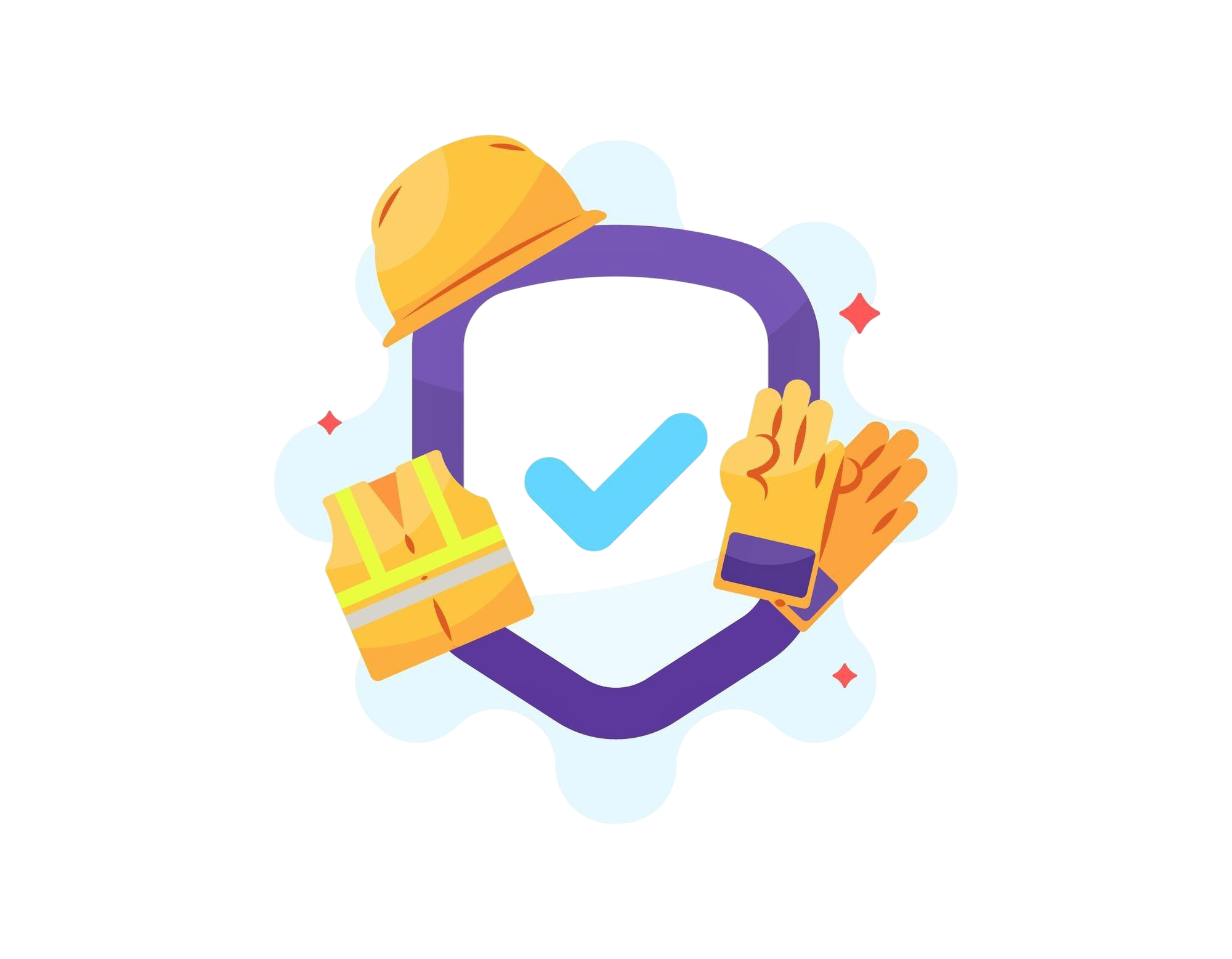 Das Bild zeigt ein Schutzschild mit einem Haken darauf, ringsum sind Sicherheitshandschuhe, ein Sicherheitshelm und eine Sicherheitsweste.