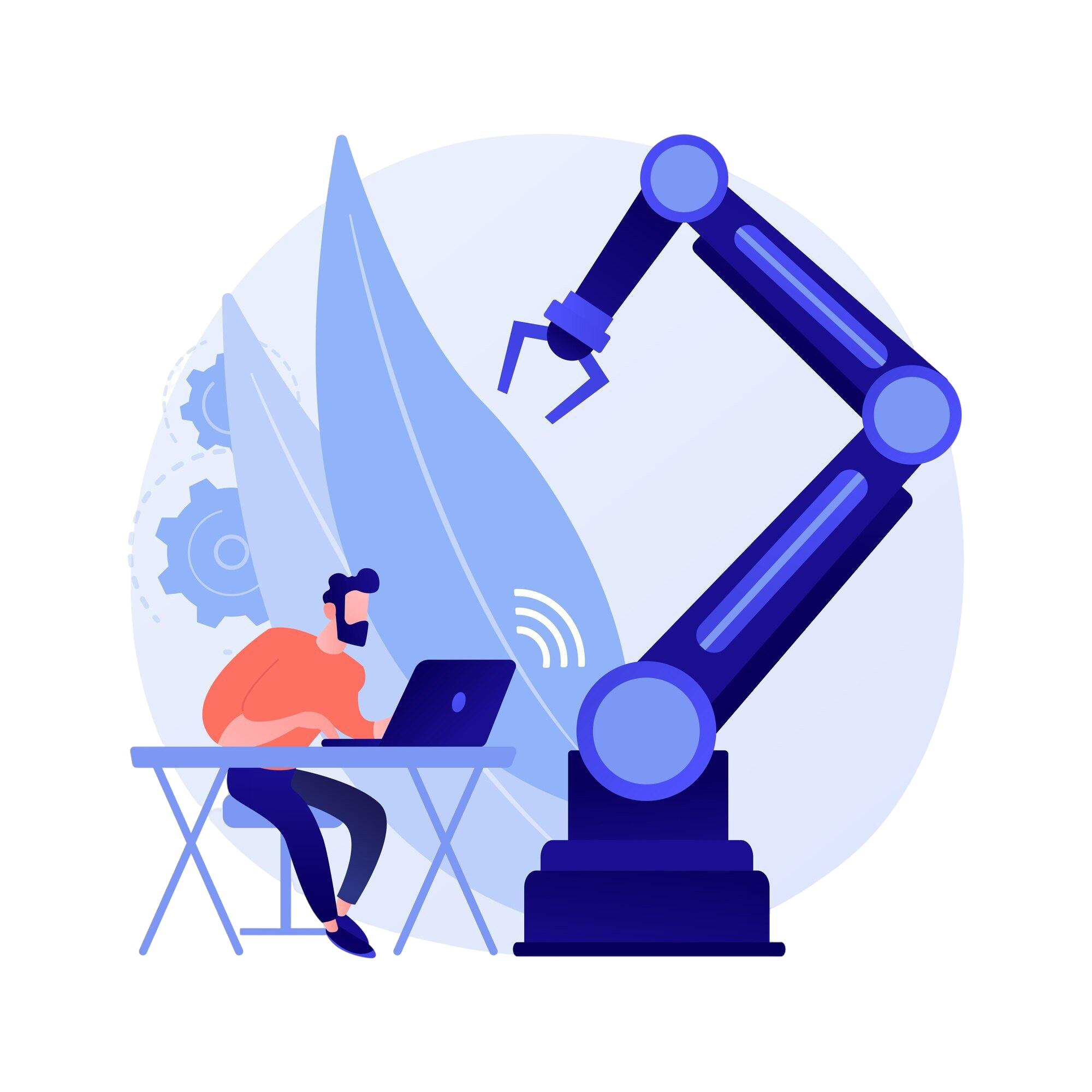 Das Bild zeigt einen Arbeiter an einem Tisch mit einem Laptop vor sich. Daneben steht ein übergroßer Industrieroboter.